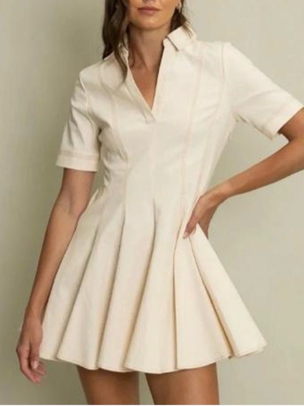 NWT. Zara Cream Short-Sleeve Collared Fit-and-Flare Mini Dress
